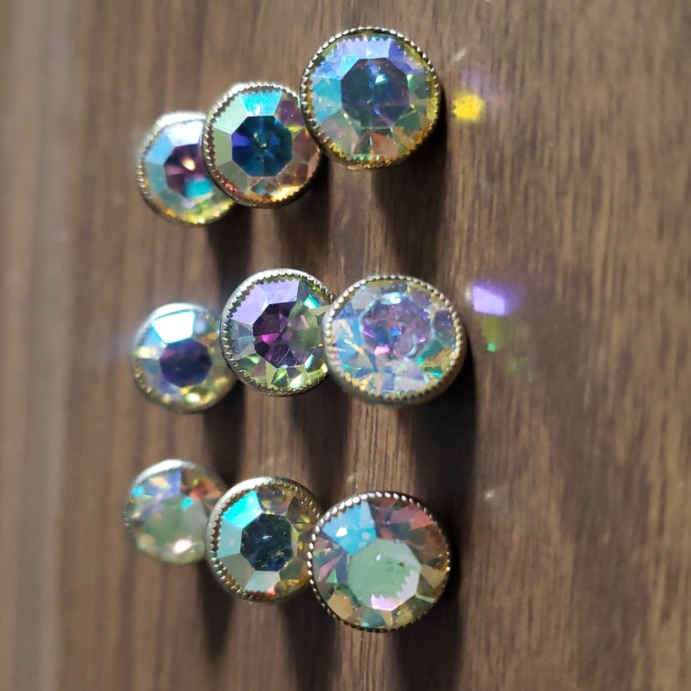 Vintage aurora borealis faceted crystal brass buttons set of 9